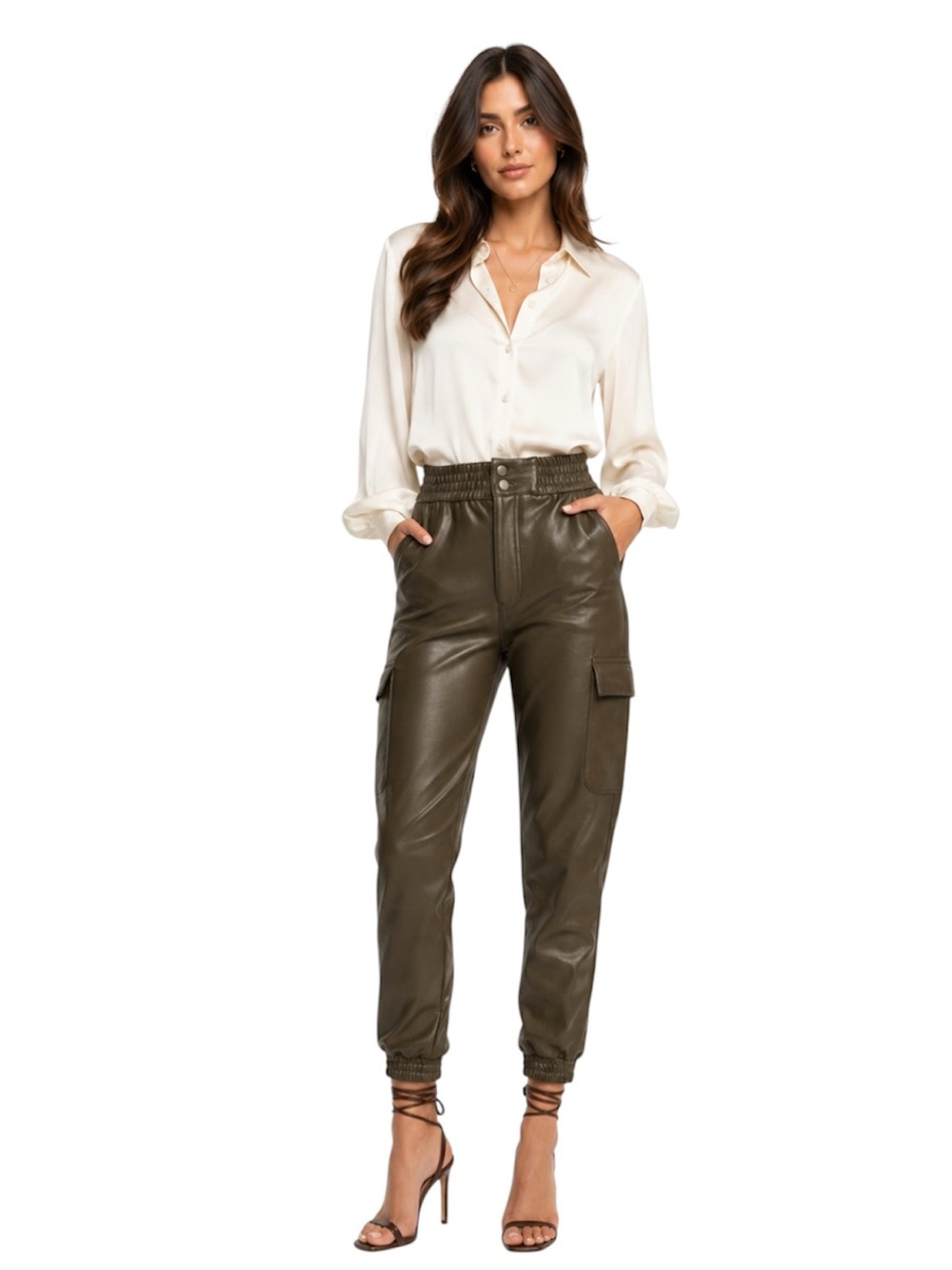 Abercrombie & Fitch Faux Brown Leather Cargo High Rise Jogger Pants Size L NWT